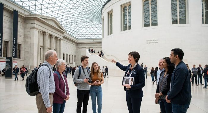 Private tour guide with a small group in the Great Court of the British Museum, London