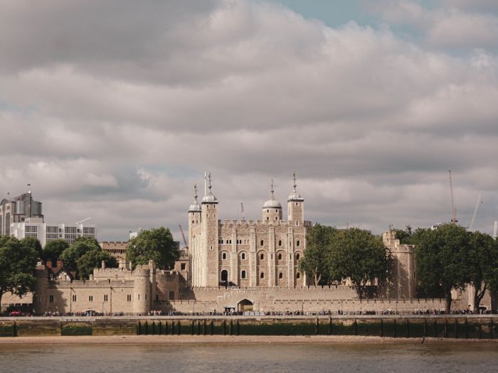 The White Tower and the entrance to the Crown Jewels at the Tower of London