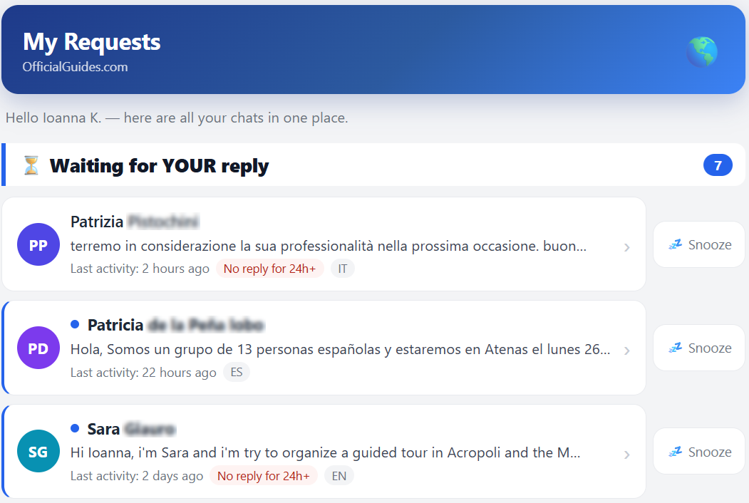OfficialGuides My Requests page — traveler enquiries in several languages