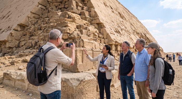 Egyptologist guide and visitors in front of the Bent Pyramid at Dahshur (AI illustration)