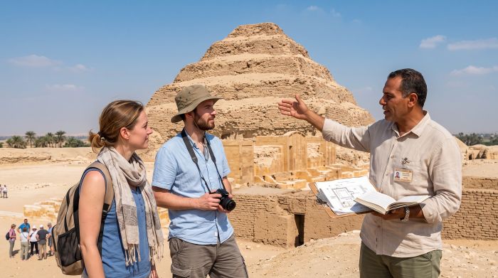 Licensed Egyptologist guide explaining the Step Pyramid of Djoser to two visitors at Saqqara, south of Cairo (AI illustration)