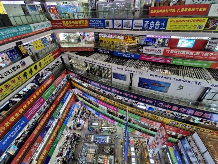 Stalls of electronic components in the Huaqiangbei market in Shenzhen