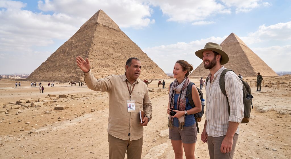 Licensed Egyptologist guide with two travellers on the Giza plateau, the pyramids of Khufu and Khafre behind them (Ai illustration)
