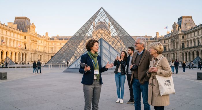 Visitors with a licensed guide in front of the glass pyramid of the Louvre in Paris