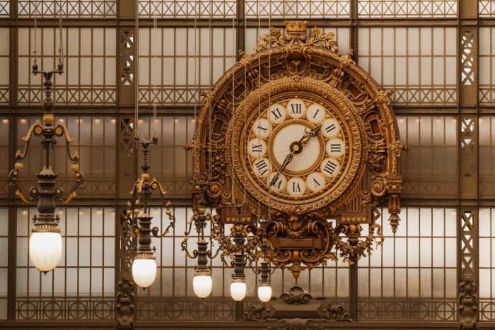The great clock window inside the Musée d’Orsay, a former railway station in Paris