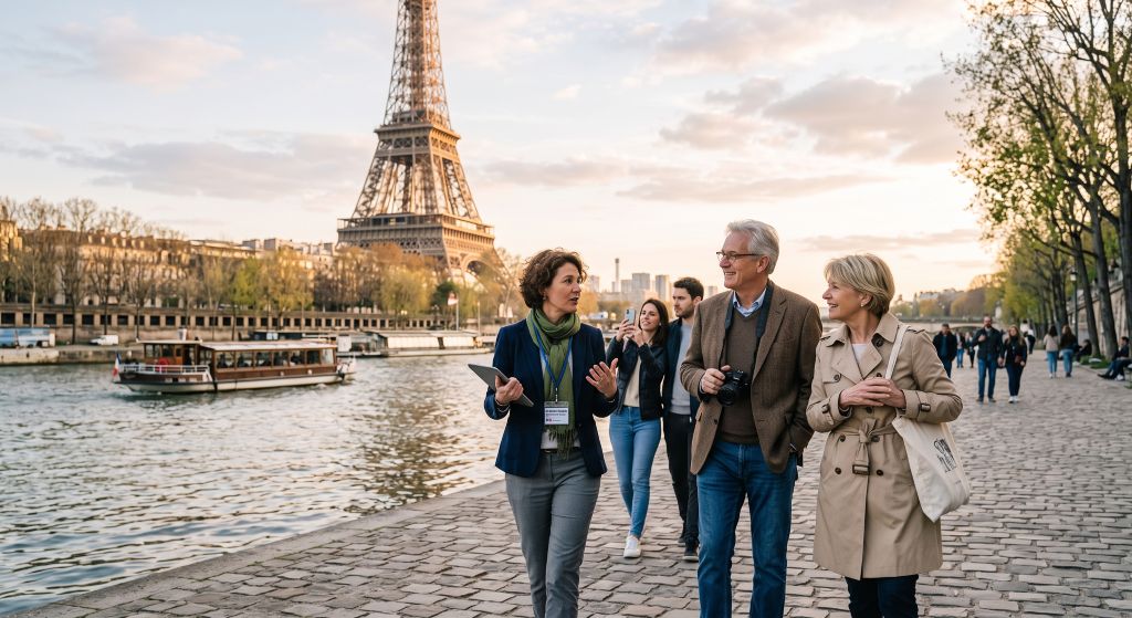 A private tour guide with visitors on the Seine embankment below the Eiffel Tower in Paris (ai illustration)