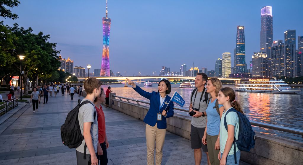 Guide and visitors looking out over the Pearl River and Canton Tower at dusk in Guangzhou (AI generated)