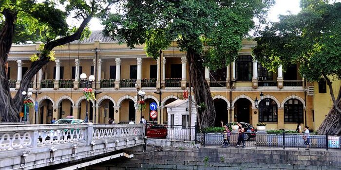 Colonial arcades and banyan-lined street on Shamian Island, Guangzhou