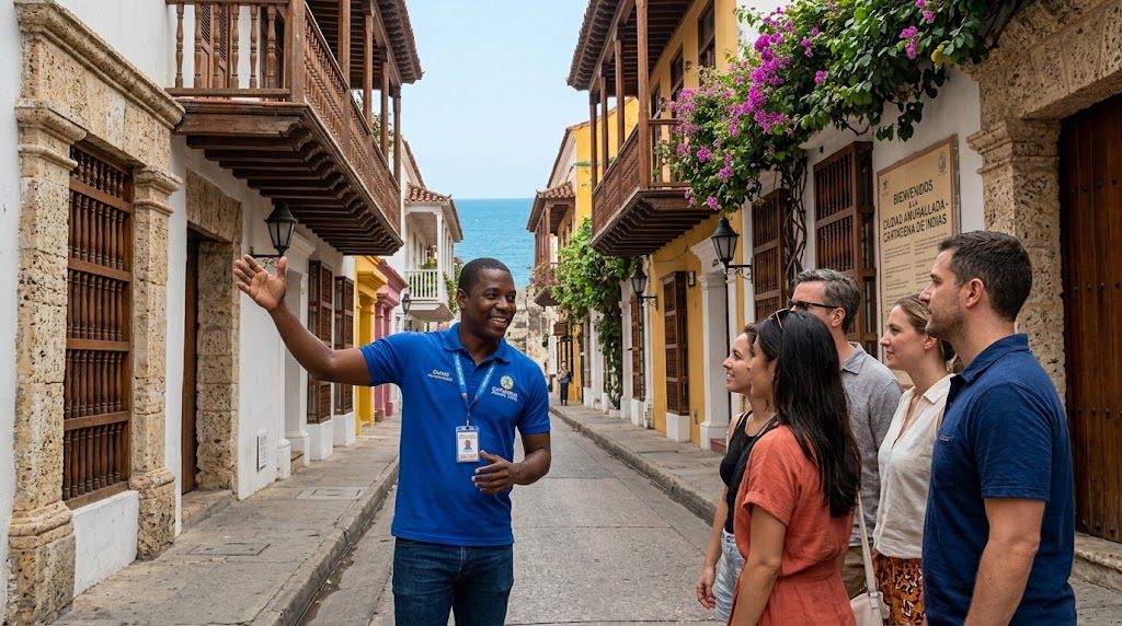 Private tour guide in the Walled City of Cartagena, Colombia (ai illustration)
