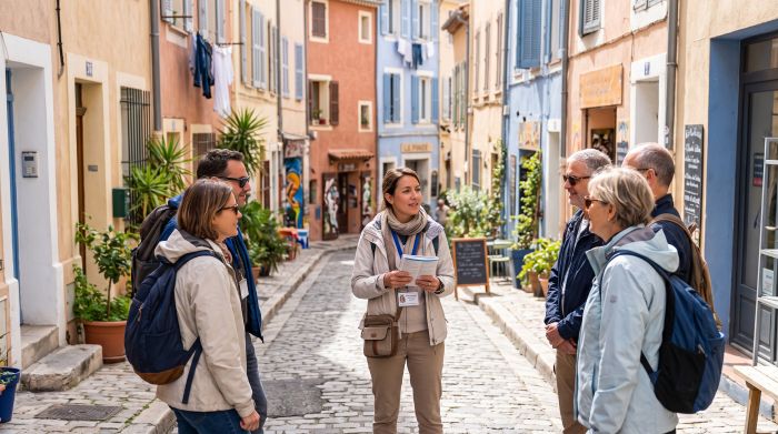 Guide conférencier commentant une visite privée dans les ruelles du Panier à Marseille