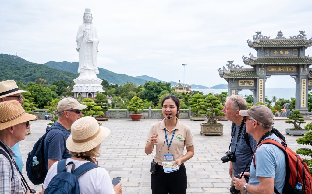 English-speaking licensed guide at Linh Ung Pagoda on the Son Tra Peninsula, Da Nang
