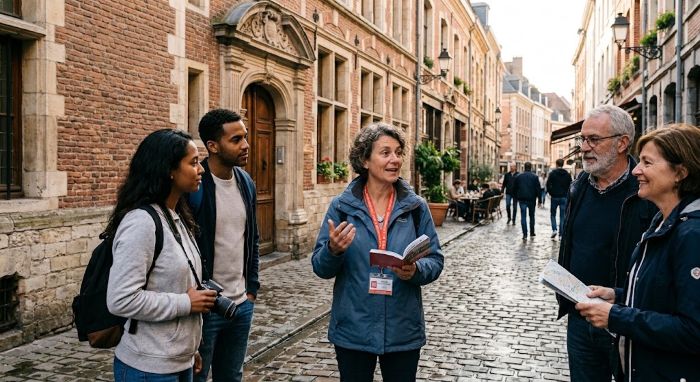 Guide-conférencier avec un petit groupe dans une rue pavée du Vieux-Lille
