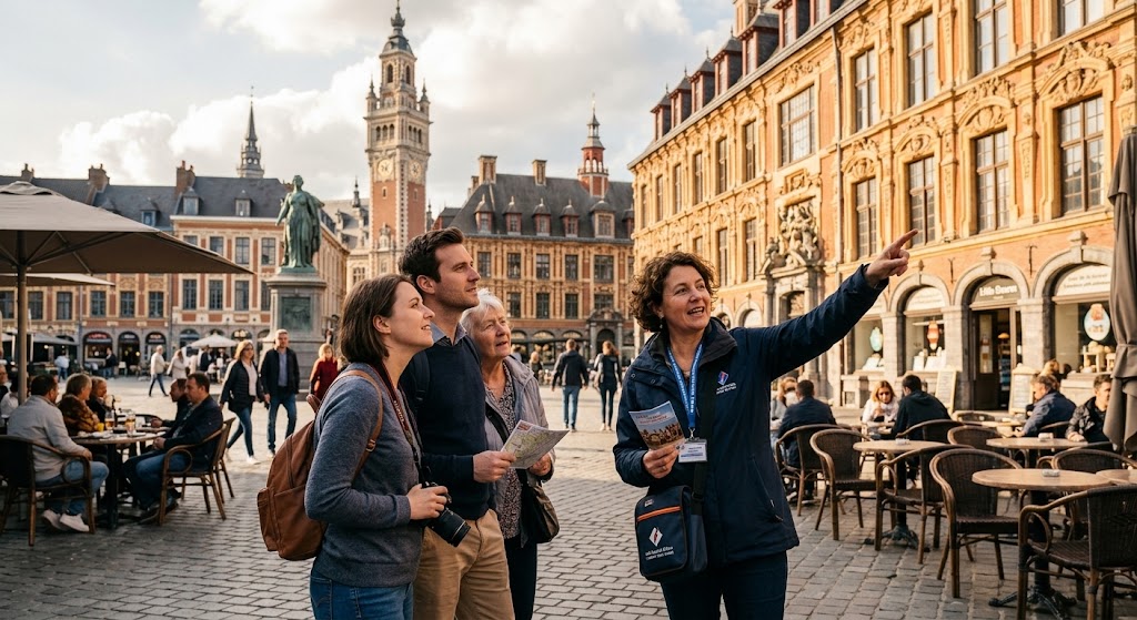 Licensed tour guide with visitors on the Grand'Place in Lille during a private tour