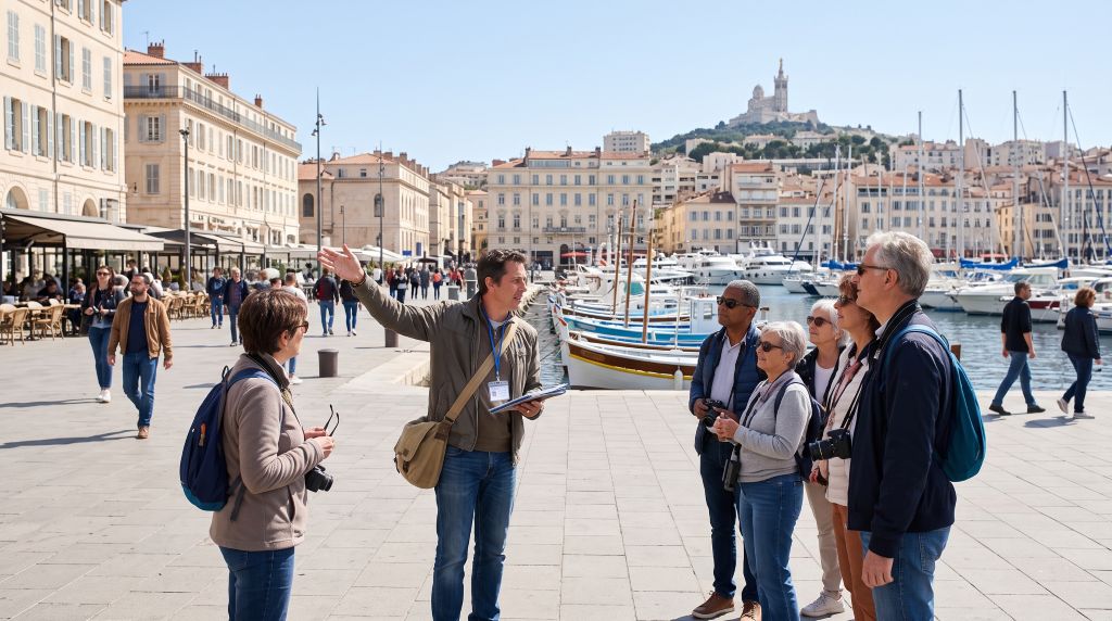 Licensed tour guide with a small group on a private tour of the Vieux-Port in Marseille